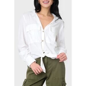 Sanctuary Utility Long Sleeve Chest Pocket Tie-Front Button-Up Shirt White XS